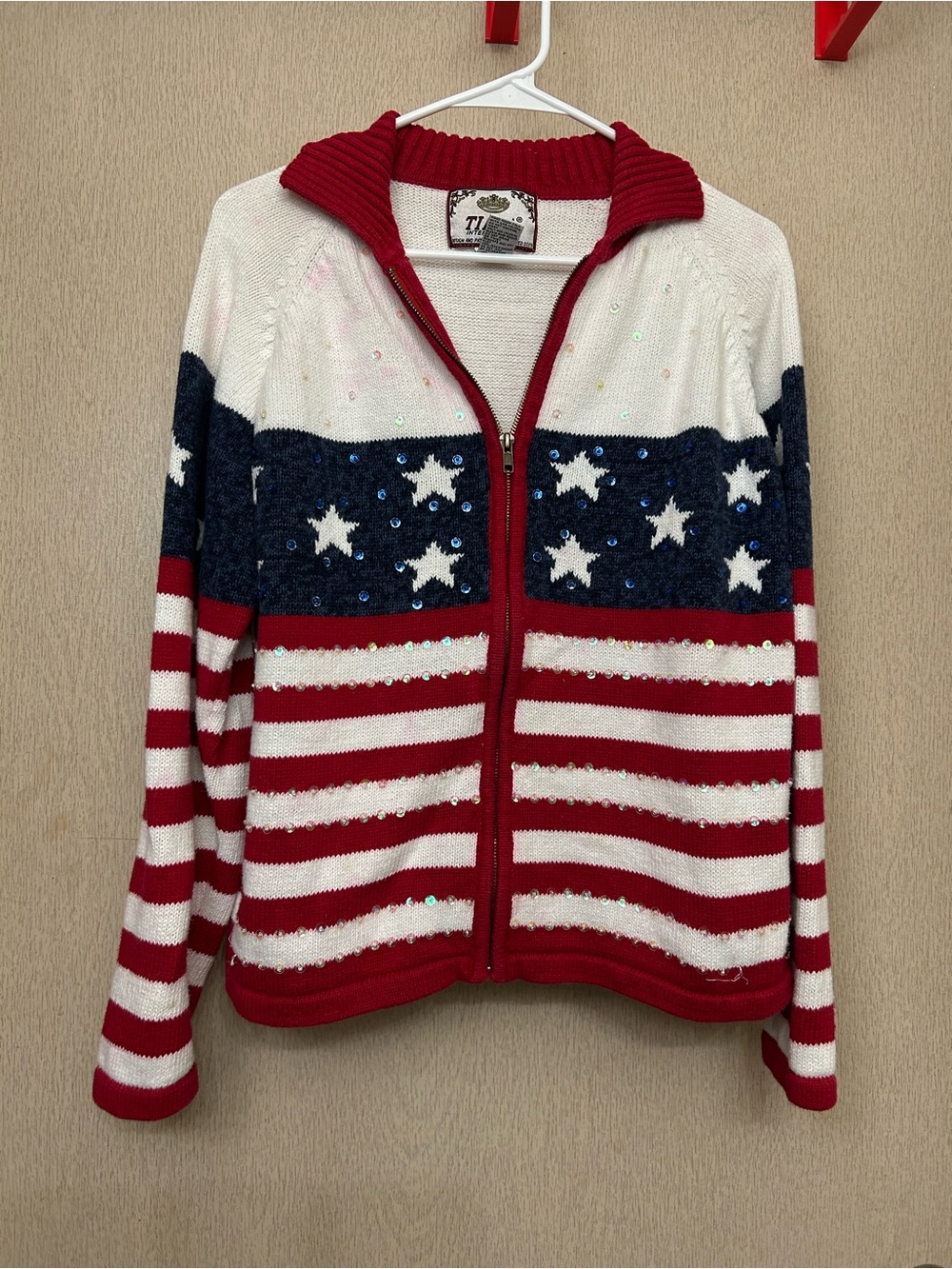 Tiara International - American Flag Zip Up Jacket Vintage Sweater - Size M